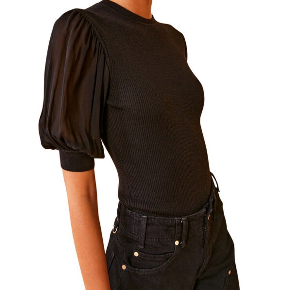 Ulla Johnson Black Puff-Sleeve Ribbed Crewneck Top